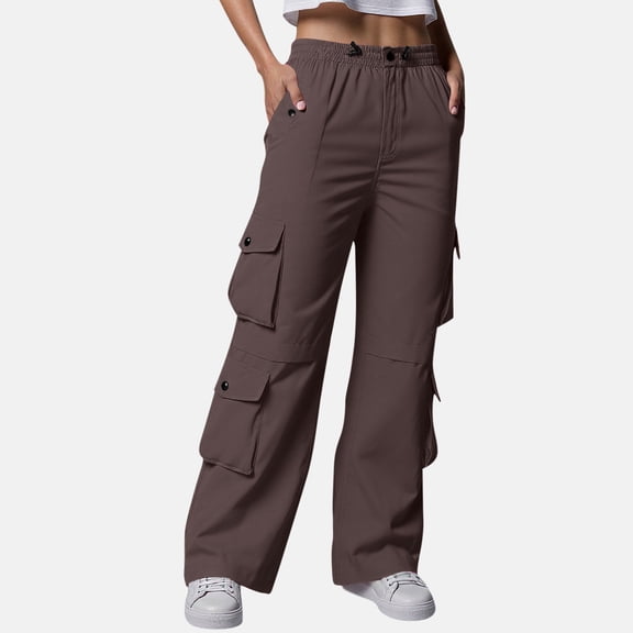 CQONEPT Womens Cargo Pants Drawstring Elastic Waist Causal Trousers Wide Leg Athletic Outdoors Pants with 7 Pockets Brown XXL