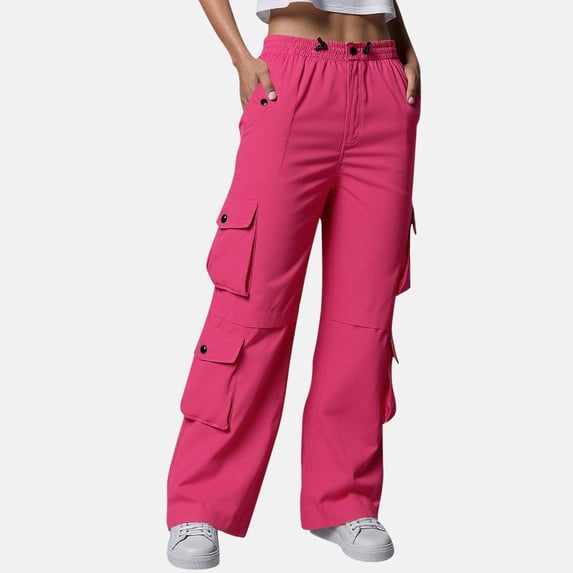 CQONEPT Womens Cargo Pants Drawstring Elastic Waist Causal Trousers Wide Leg Athletic Outdoors Pants with 7 Pockets Pink XXL