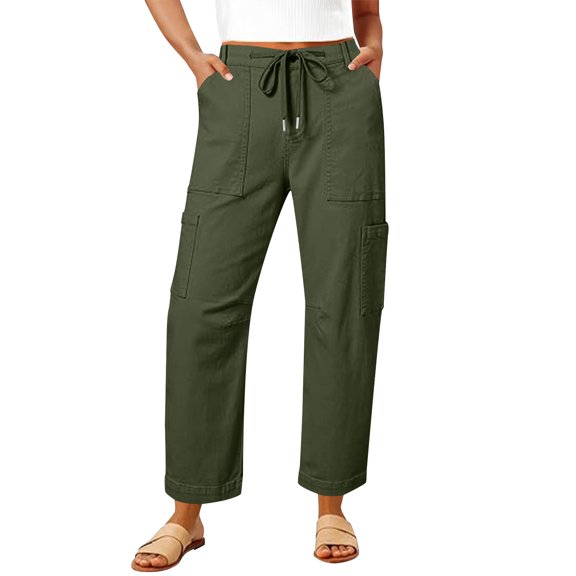CQONEPT Womens Cargo Pants Elastic Waist Causal Pant Loose Fit Straight Leg Sports Trousers with Multi Pockets Army Green S