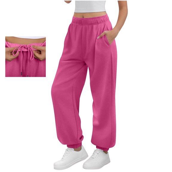 CQONEPT Womens Cargo Pants Elastic Waist Causal Pant Loose Fit Straight Leg Sports Trousers with Multi Pockets Hot Pink M