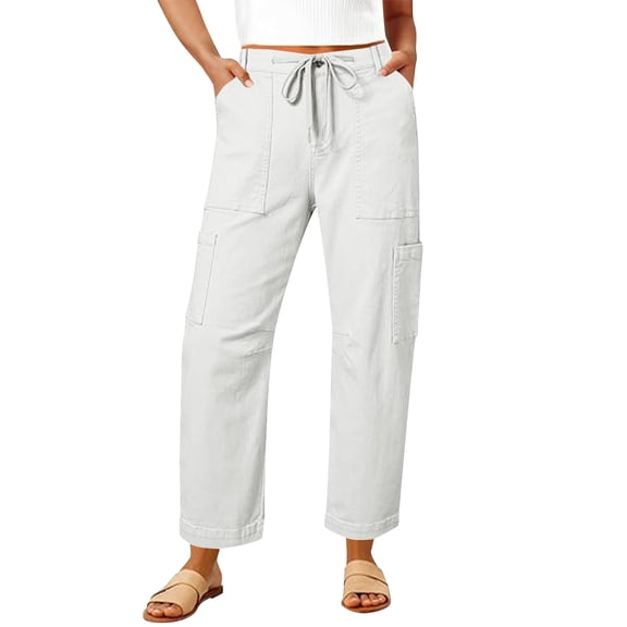 CQONEPT Womens Cargo Pants Elastic Waist Causal Pant Loose Fit Straight Leg Sports Trousers with Multi Pockets White L