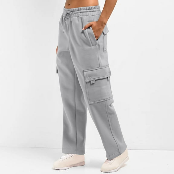 CQONEPT Womens Cargo Pants Fleece Drawstring Wide Leg Sweatpants Elastic Waist Hiking Workout Trousers with Pockets Gray S