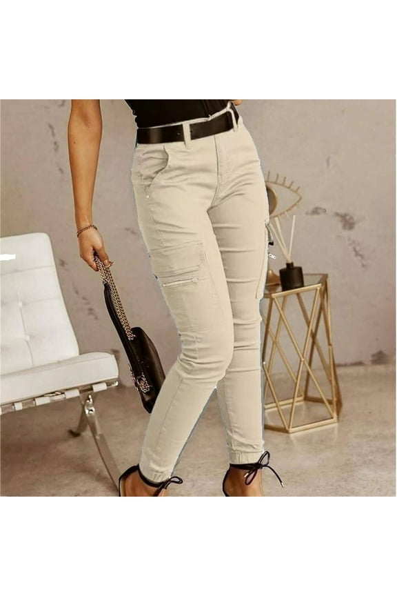 Womens Cargo Pants Skinny Leg Lounge Loose Fit Outdoor Pant Straight Leg Outdoor Travel Trousers with Zipper Pockets Khaki M