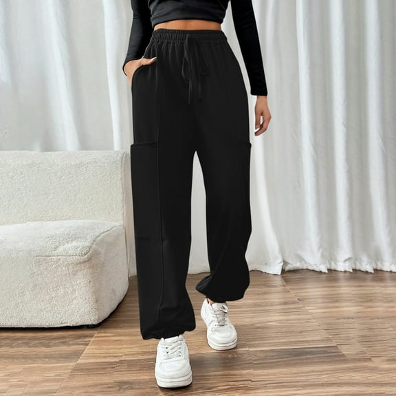 CQONEPT Womens Cargo Sweatpants Lerisure Loose Fit Tapered Pant Elastic Waisted Fleece Lined Trousers with Multi Pockets Black M