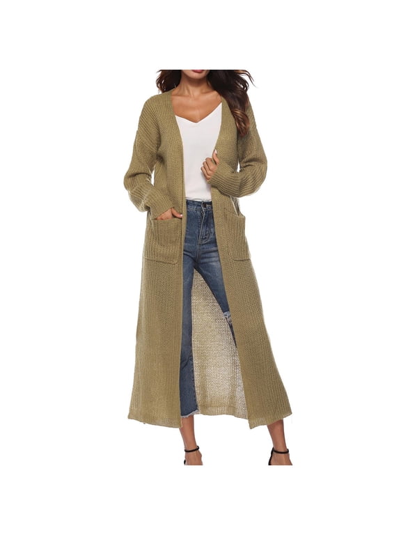 Womens Casual Long Sleeve Split Open Front Cardigan Knit Long Cardigan Fall Fashion Sweaters with Pockets Khaki S