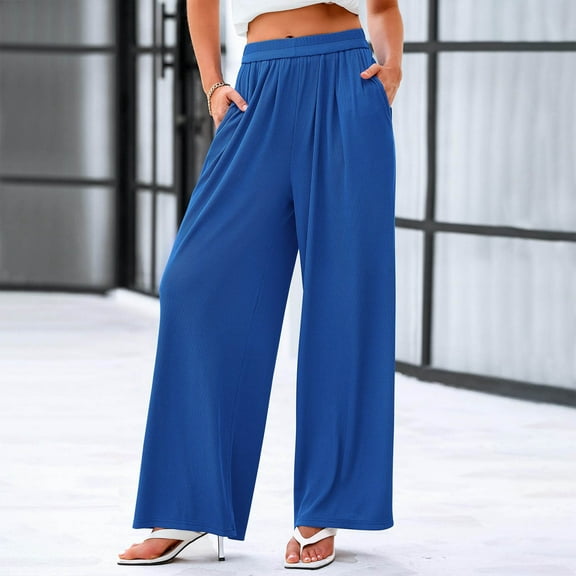 CQONEPT Womens Casual Pants Wide Leg Pull On Casual Slacks Pant Elastic Waist Palazzo High Waist Pants Blue M