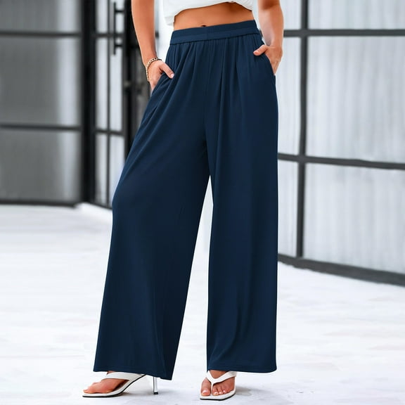 CQONEPT Womens Casual Pants Wide Leg Pull On Casual Slacks Pant Elastic Waist Palazzo High Waist Pants Navy M