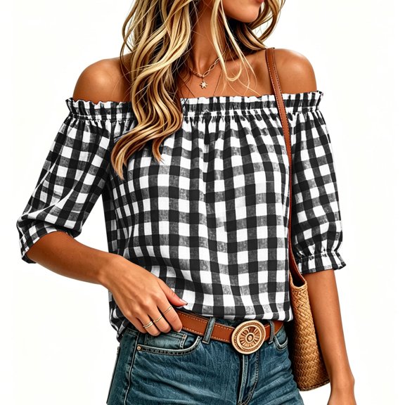 CQONEPT Womens Checkered Off Shoulder Top Ruffle Short Puff Sleeve Laides Businss Casual Dressy Blouse Tee Black L