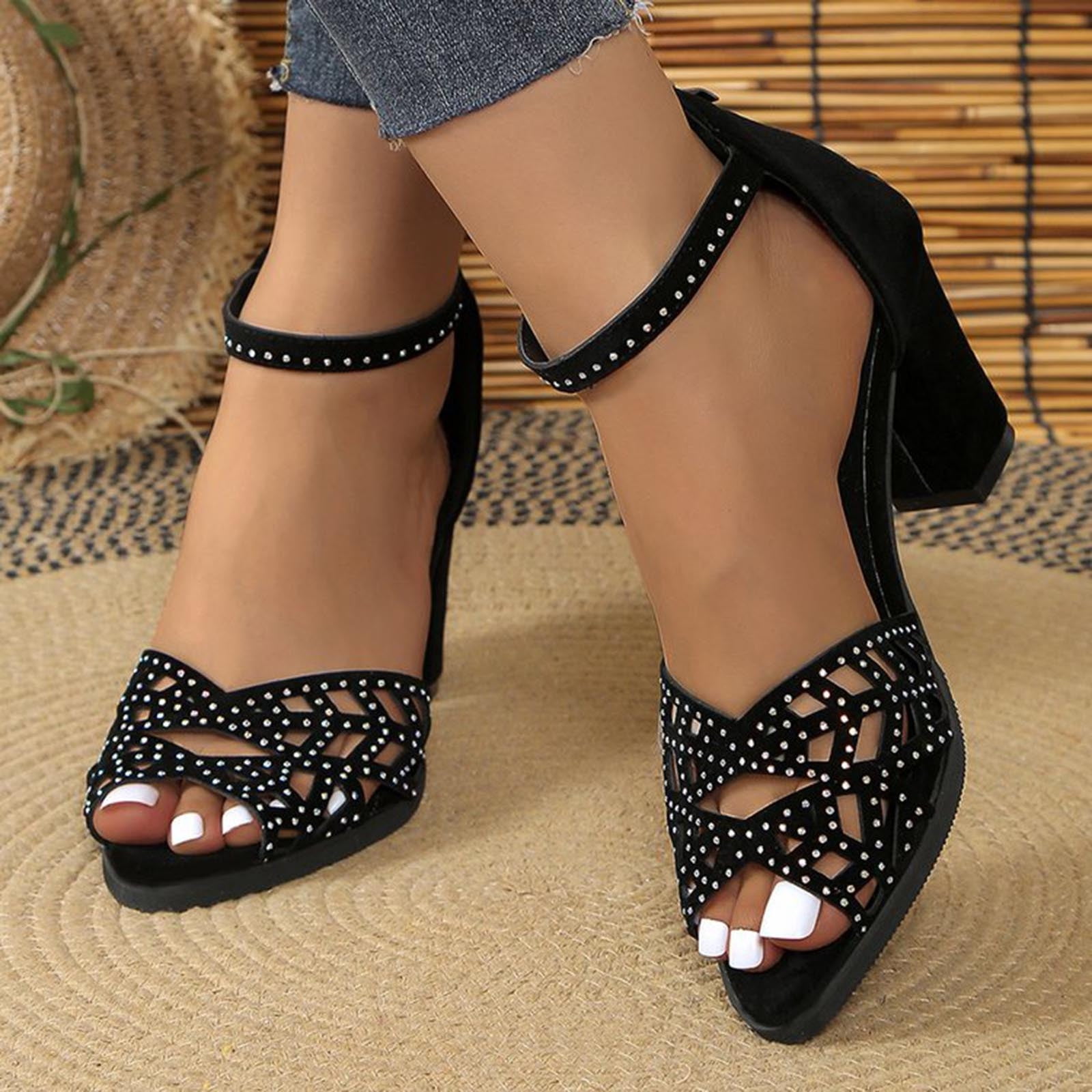 CQONEPT Womens Chunky Low Heel Pump Ankle Strap Rhinestone Dress Sandal  Open Toe Sandals Dress Shoes for Woman Lady in Bridal Dance Evening Size 7  Black - Walmart.com, image size:1600x1600