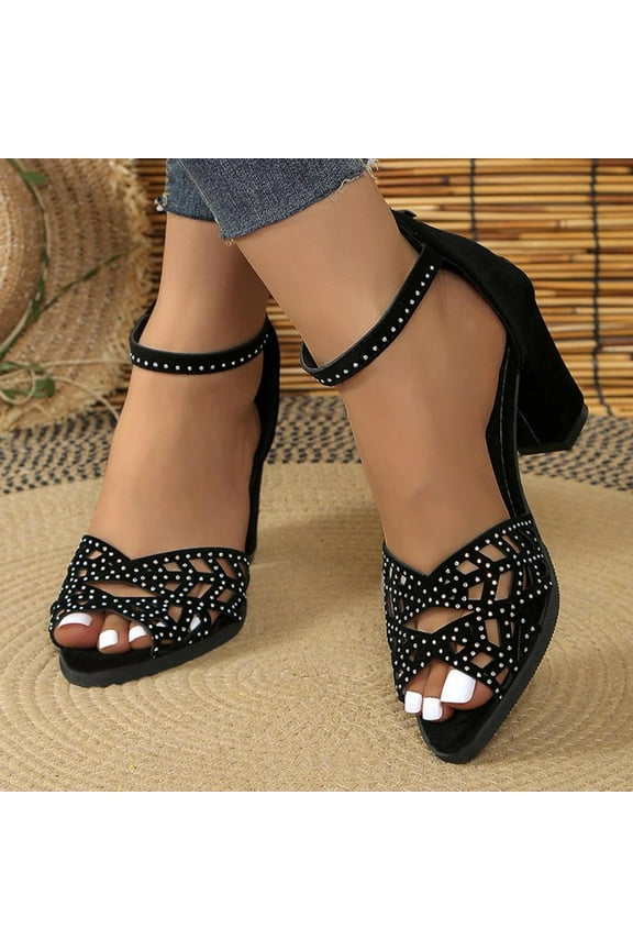 Womens Chunky Low Heel Pump Ankle Strap Rhinestone Dress Sandal Open Toe Sandals Dress Shoes for Woman Lady in Bridal Dance Evening Size 8.5 Black