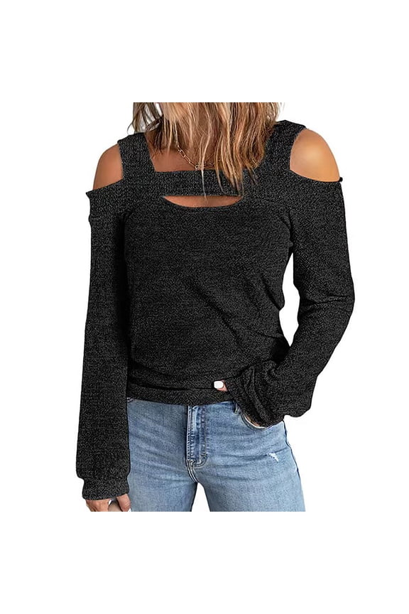 Womens Cold Shoulder Tops Knit Long Sleeve Shirts Casual Cute Blouse Going Out Fashion Blouse Black S