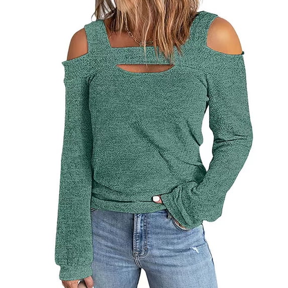 CQONEPT Womens Cold Shoulder Tops Knit Long Sleeve Shirts Casual Cute Blouse Going Out Fashion Blouse Green M