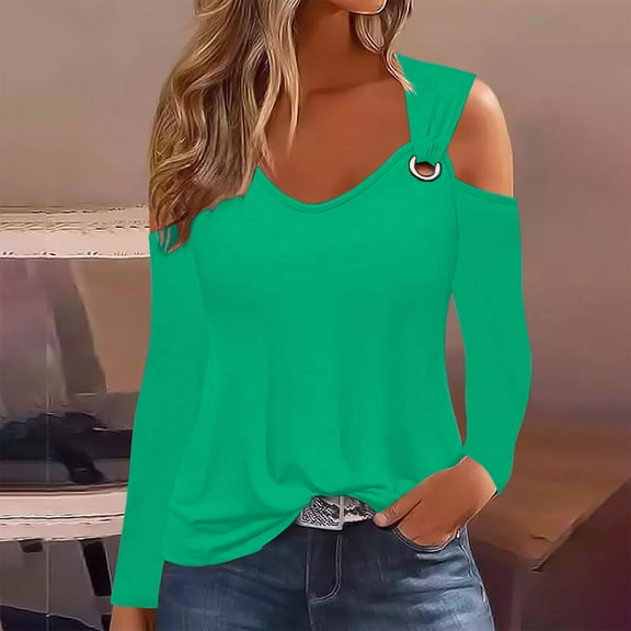 CQONEPT Womens Cold Shoulder Tops Square Neck Long Sleeve Shirts Casual Y2K Tunic Tops Cute Plain Blouse Mint Green 2XL