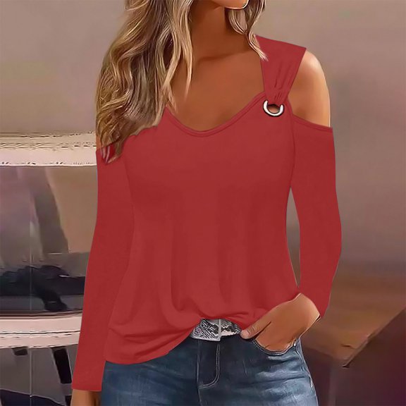 CQONEPT Womens Cold Shoulder Tops Square Neck Long Sleeve Shirts Casual Y2K Tunic Tops Cute Plain Blouse Wine S