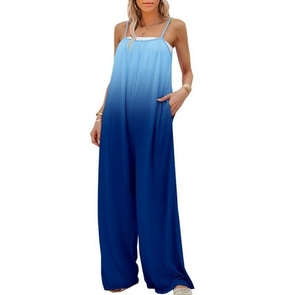 CQONEPT Womens Color Block Jumpsuit Flowy Lounge Wide Leg Rompers Clothes Summer Beach Lightweight Pant with Pockets Blue S
