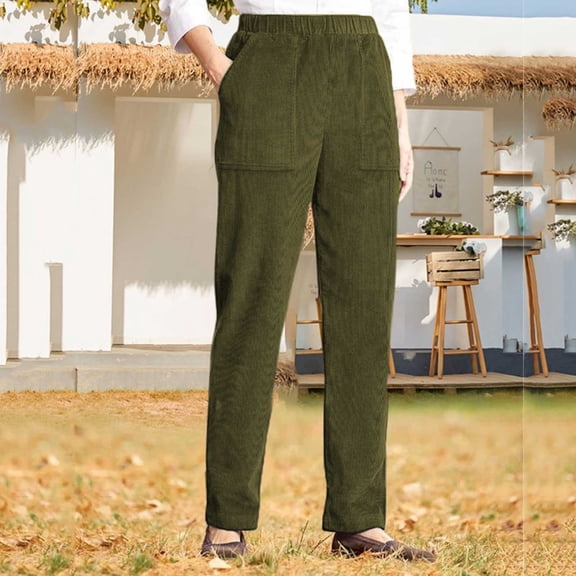CQONEPT Womens Corduroy Fall Winter Elastic Waisted Loungewear Slouchy Pant Comfortable High Waist Trousers with Pockets Army Green M