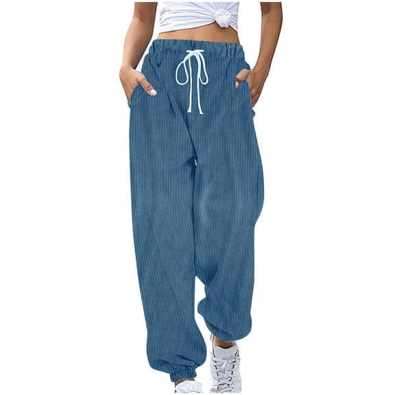 CQONEPT Womens Corduroy Pant Drawstring Elastic Waisted Pants Casual Tapered Loose Fit Fall Winter Trousers with Pockets Blue XXL
