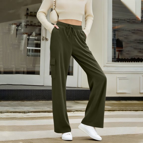 CQONEPT Womens Corduroy Pants Drawstring Elastic Waisted Lounge Pant Wide Leg Cozy Fall Winter Trousers with Pockets Green M