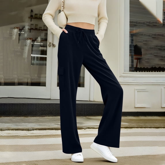 CQONEPT Womens Corduroy Pants Drawstring Elastic Waisted Lounge Pant Wide Leg Cozy Fall Winter Trousers with Pockets Navy XL