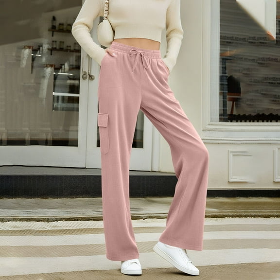 CQONEPT Womens Corduroy Pants Drawstring Elastic Waisted Lounge Pant Wide Leg Cozy Fall Winter Trousers with Pockets Pink 2XL