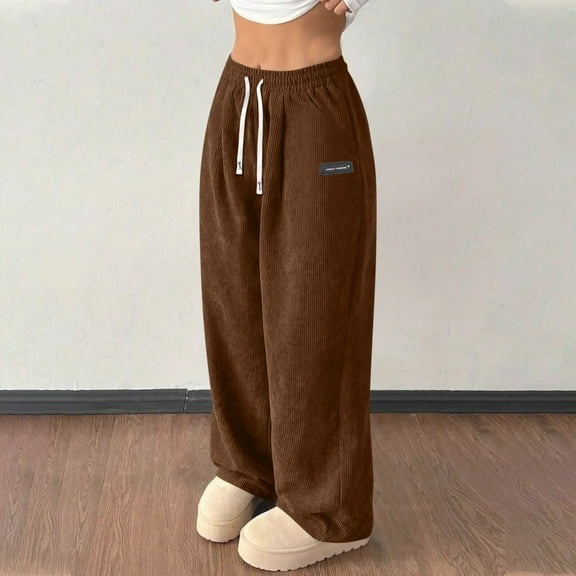 CQONEPT Womens Corduroy Pants Elastic Waisted Drawstring Pant Warm Lounge Fall Winter Pants with Pockets Brown M