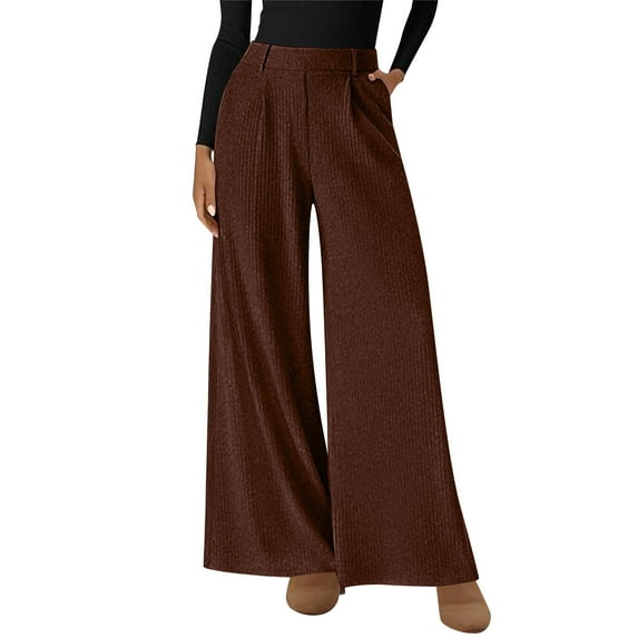 CQONEPT Womens Corduroy Pants High Waist Wide Leg Fleece Work Pant Comfy Baggy Casual Slacks Fall Winter Trousers with Pockets Brown XXL