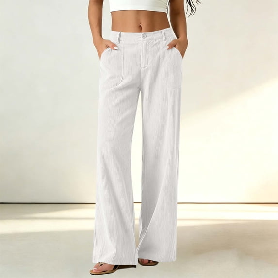 CQONEPT Womens Cotton Linen Dress Pants Button High Waisted Wide Leg Pant Elastic Waist Business Casual Trousers with Pockets White M