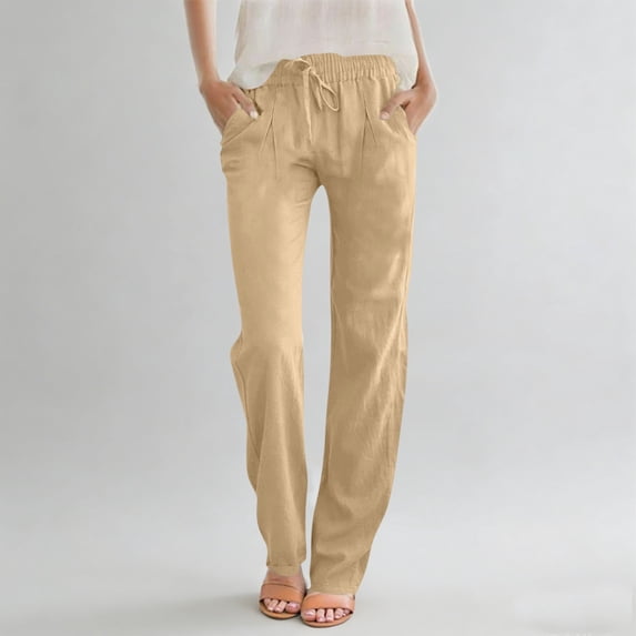 CQONEPT Womens Cotton Linen Pant with Pockets Pleated Pant Drawstring Lounge Loose Fit Summer Trousers Khaki M