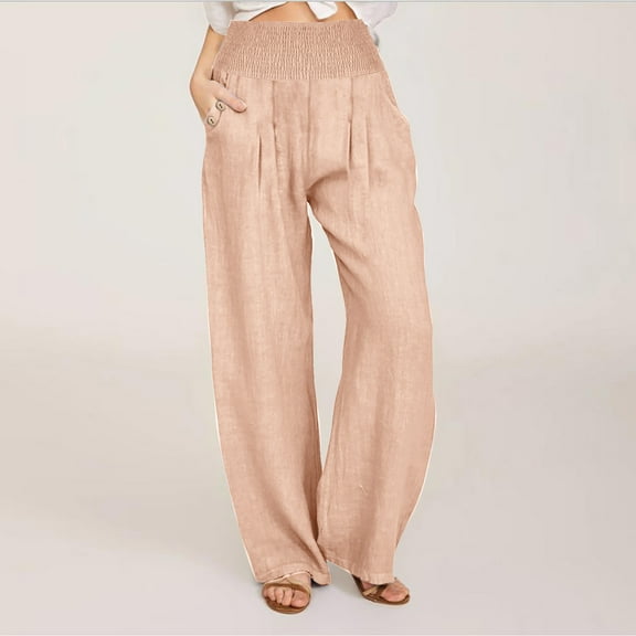 CQONEPT Womens Cotton Linen Pants Baggy Casual Lightweight Pant Elastic Waist Outdoor Trousers with Pockets Pink 3XL