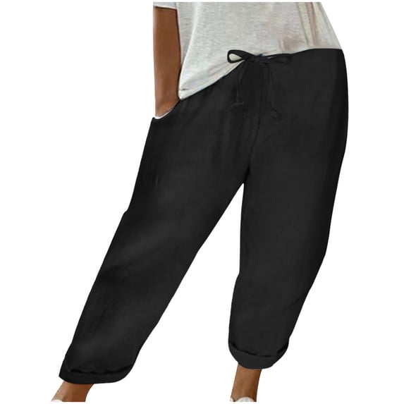 CQONEPT Womens Cotton Linen Pants Casual Capris Pants Elastic Waist Solid Color Drawstring Pant with Pockets Black M