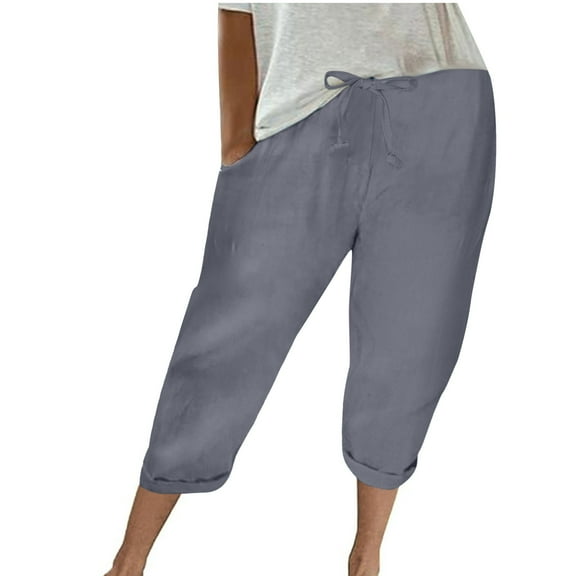 CQONEPT Womens Cotton Linen Pants Casual Capris Pants Elastic Waist Solid Color Drawstring Pant with Pockets Gray 2XL
