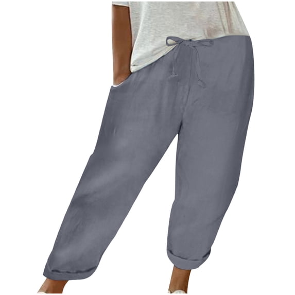 CQONEPT Womens Cotton Linen Pants Casual Capris Pants Elastic Waist Solid Color Drawstring Pant with Pockets Gray M