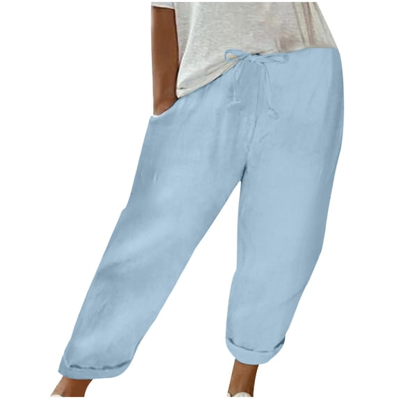 CQONEPT Womens Cotton Linen Pants Casual Capris Pants Elastic Waist Solid Color Drawstring Pant with Pockets Sky Blue XL