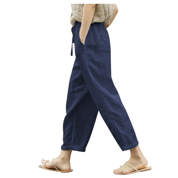 CQONEPT Womens Cotton Linen Pants Drawstring Baggy Casual Outfits Breathable Comfy Jogging Pants with Pockets Navy XL