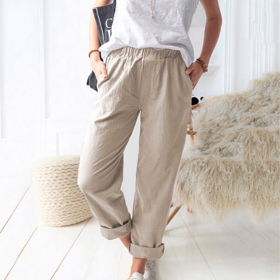 CQONEPT Womens Cotton Linen Pants Loose Fit Casual Elastic Waist Pants Comfortable Lightweight Pant with Pockets Khaki XL