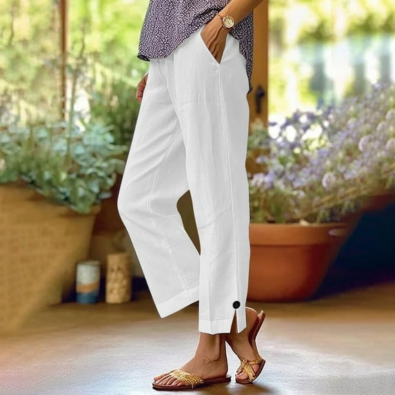 CQONEPT Womens Cotton Linen Pants Summer Boho Dressy Casual Straight Leg Elastic Waist Beach Trousers with Pockets White 3XL