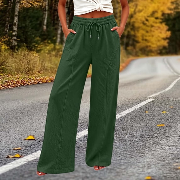 CQONEPT Womens Cotton Linen Pants Wide Leg Casual High Waisted Palazzo Pant Linen Trousers with Pockets Army Green L