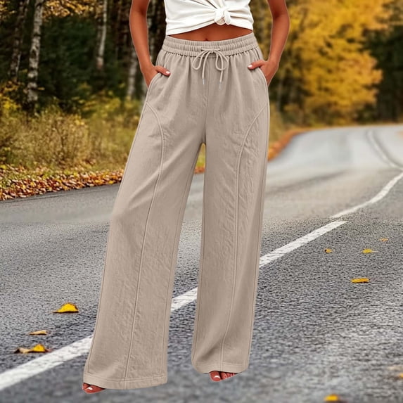 CQONEPT Womens Cotton Linen Pants Wide Leg Casual High Waisted Palazzo Pant Linen Trousers with Pockets Khaki L
