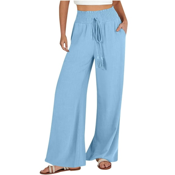 CQONEPT Womens Cotton Linen Pants with Pockets Wide Leg Pant Baggy Casual Elastic Waist Trendy Pant with Pockets Light Blue L