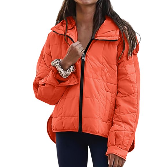 CQONEPT Womens Cotton Puff Jacket Zip Up Down Coats Puffer Jacket Lapel Neck Hooded Clothes Loose Fit Overcoat with Pockets Orange S
