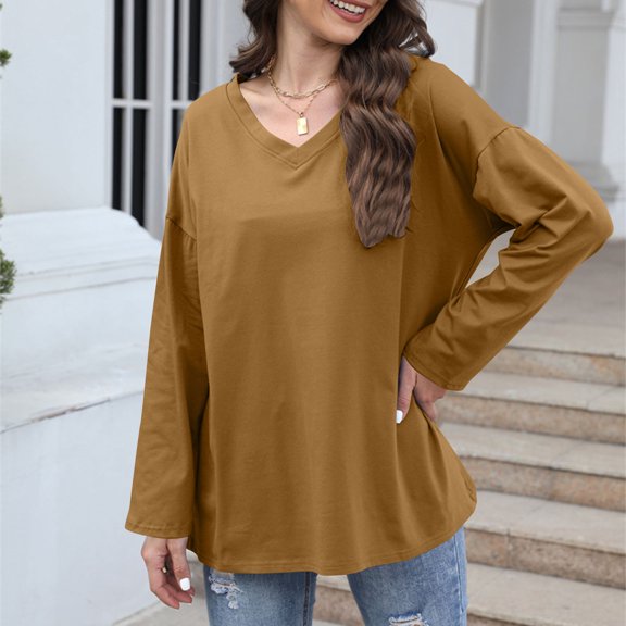 CQONEPT Womens Cotton Tunic Tops V Neck Casual Loose Fit Pullover Going Out Plain Long Sleeve Shirts Brown M