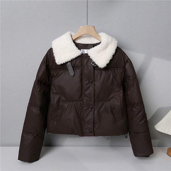 CQONEPT Womens Crop Puffer Jacket Lapel Neck Down Coats Button Down Lightweight Warm Trendy Soft Overcoat with Pockets Coffee L