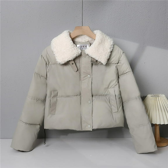 CQONEPT Womens Crop Puffer Jacket Lapel Neck Down Coats Button Down Lightweight Warm Trendy Soft Overcoat with Pockets Gray M