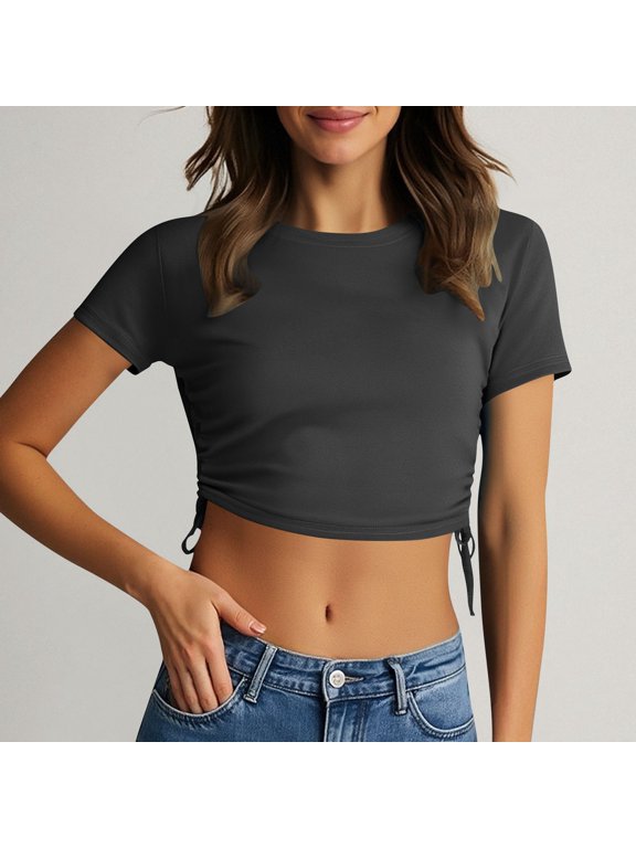 Womens Crop Tops Casual Round Neck Short Sleeve Drawstring Shirts Side Slim Fit Stretchy Tunic Tee Black S