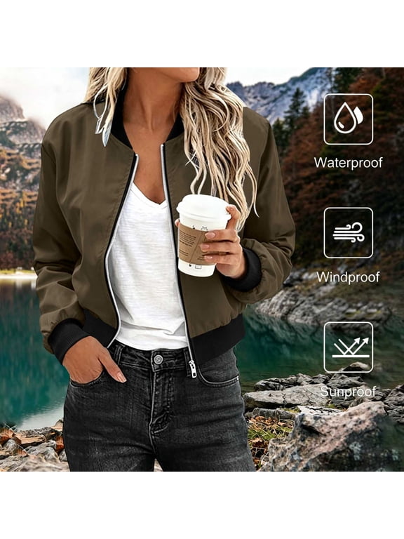 Womens Cropped Bomber Jackets Zip Up Lightweight Jacket Waterproof Windbreaker Outerwear Fall Winter Clothes Brown S