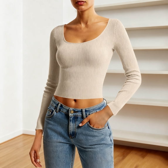 CQONEPT Womens Cropped Sweaters Slim Fit Undershitrts Dressy Casual Solid Comfy Long Sleeve Tops Fashion Cute Clothes Beige M