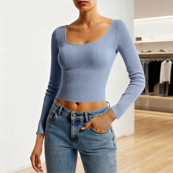 CQONEPT Womens Cropped Sweaters Slim Fit Undershitrts Dressy Casual Solid Comfy Long Sleeve Tops Fashion Cute Clothes Blue L
