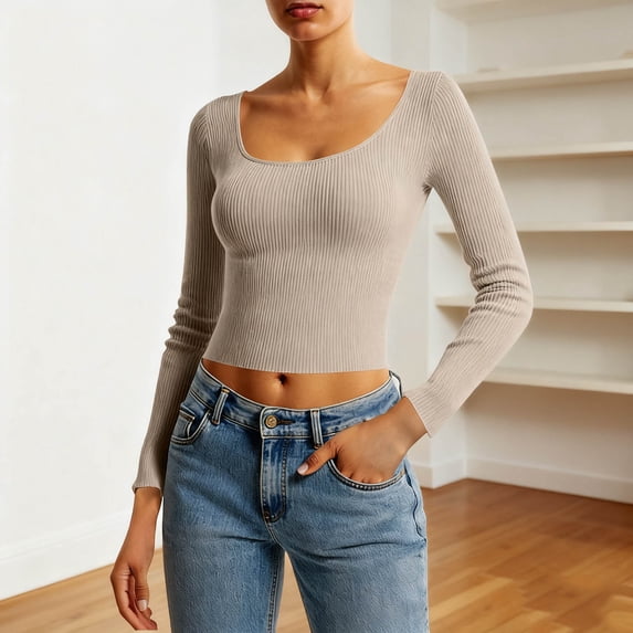 CQONEPT Womens Cropped Sweaters Slim Fit Undershitrts Dressy Casual Solid Comfy Long Sleeve Tops Fashion Cute Clothes Khaki M