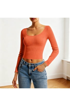 Womens Cropped Sweaters Slim Fit Undershitrts Dressy Casual Solid Comfy Long Sleeve Tops Fashion Cute Clothes Orange S