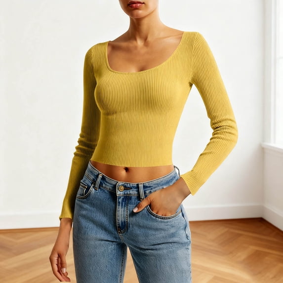 CQONEPT Womens Cropped Sweaters Slim Fit Undershitrts Dressy Casual Solid Comfy Long Sleeve Tops Fashion Cute Clothes Yellow XL